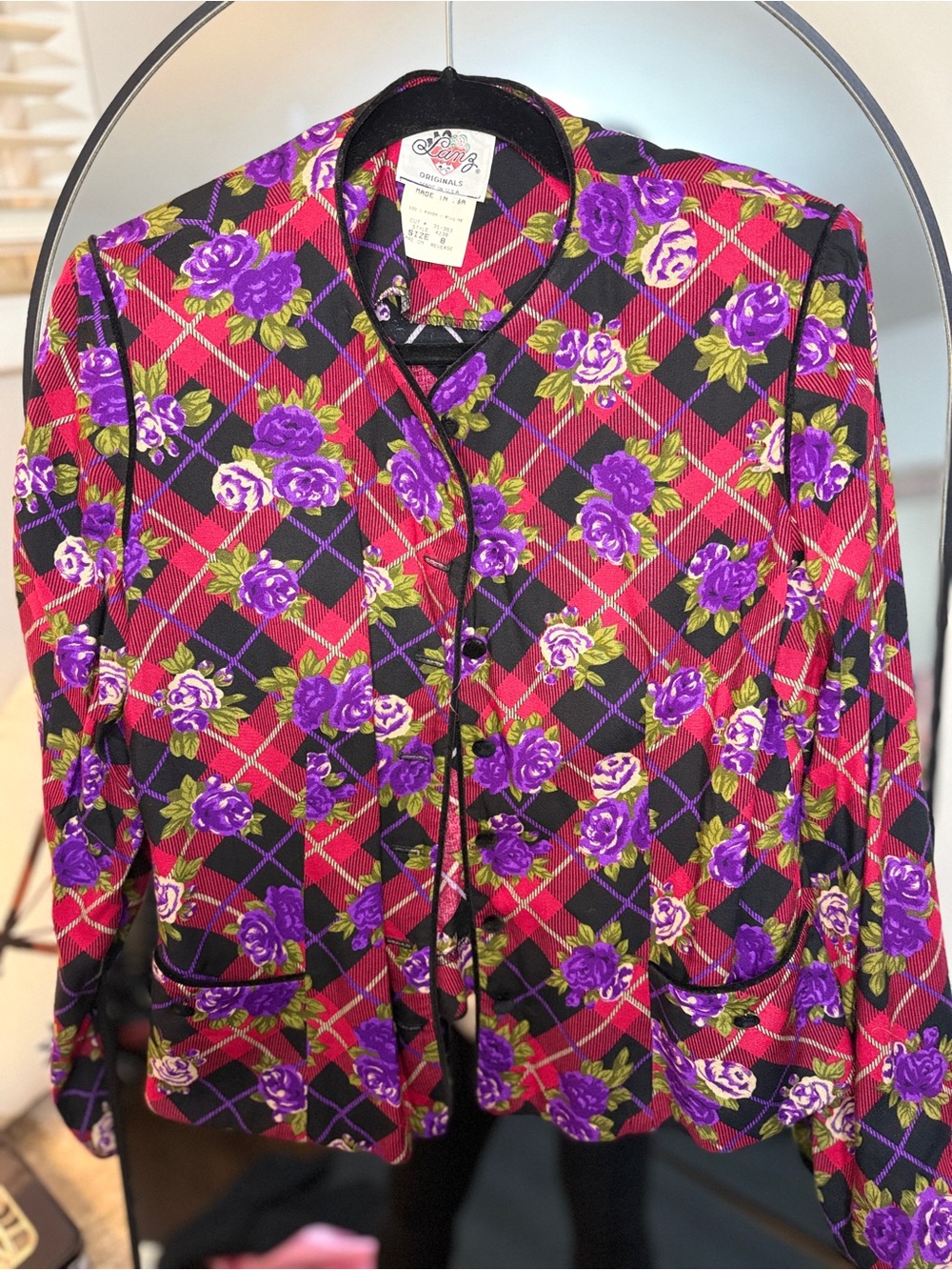 Vintage Lanz Originals Red Plaid Purple Rose Floral Rayon Jacket 8